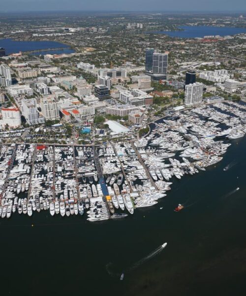 Aerial view of Worth Avenue Yachts' display at the 2025 Palm Beach International Boat Show (PBIBS).
